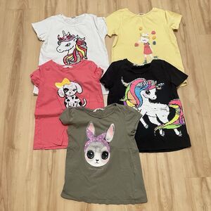 H&M Lot of 5 Girls T-Shirts Tops Sequins Glitter Bunny Unicorn Dog Cat Size 8-10